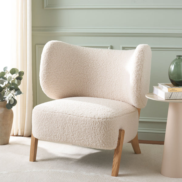 Safavieh Jakoda Accent Chair - Luxurious Off-white Shearling, Mid-century Design For Elegant Spaces Off White ,Natural Wood,Fabric,Foam Ach4525a