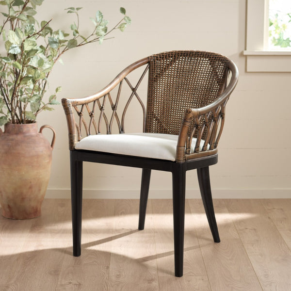 Safavieh Miyomi Arm Chair - Handcrafted Comfort With Elegant Mahogany, Rattan Accents & Plush Cushioning ACH4900A