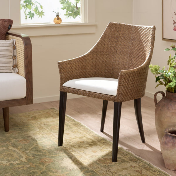 Riko Mid-Century Arm Chair With Woven Rattan Back, Solid Wood Frame And Plush Foam Seat For Cozy Rooms