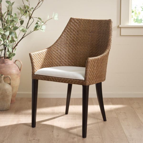 Riko Mid-Century Arm Chair With Woven Rattan Back, Solid Wood Frame And Plush Foam Seat For Cozy Rooms