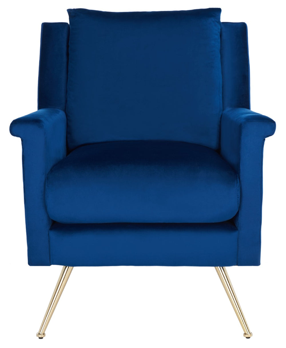 Safavieh Cerise Mid Century Arm Chair - Luxurious Navy Velvet With Gold Legs For Modern Living Spaces & Style ACH5100A