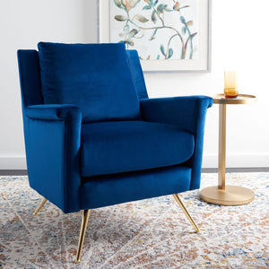 Safavieh Cerise Mid Century Arm Chair - Luxurious Navy Velvet With Gold Legs For Modern Living Spaces & Style ACH5100A