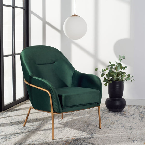 Safavieh Eleazer Velvet Accent Chair - Luxurious Comfort With Modern Shell Design And Shimmering Gold Frame Malachite Green Velvet/Gold ACH6202B