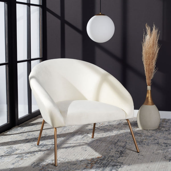 Safavieh Mandi Glamorous Mid-Century Modern Accent Chair With Plush Upholstery For Stylish Living Spaces Cream Velvet/Gold ACH6204A