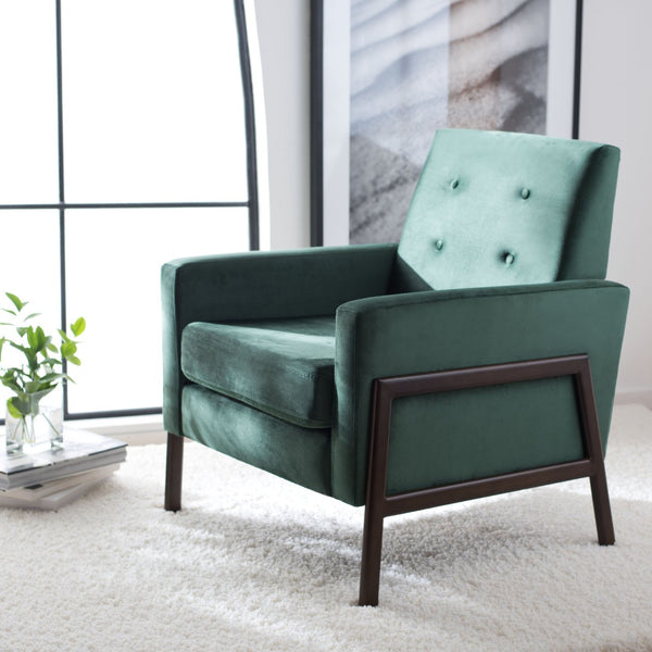 Safavieh Roald Sofa Accent Chair - Elegant Mid-Century Design With Glamorous Upholstery For Any Space Malachite Green Velvet/Antique Coffee ACH6209B