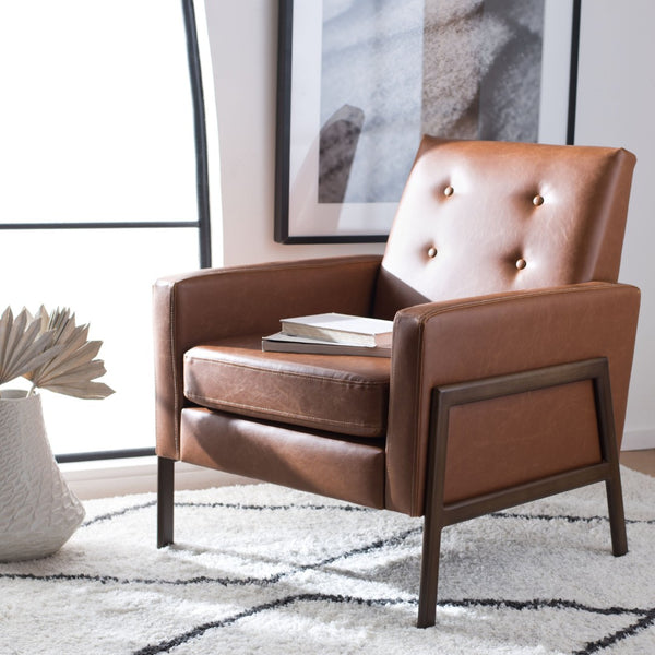 Safavieh Roald Sofa Accent Chair - Elegant Mid-Century Design With Glamorous Upholstery For Any Space Light Brown Pu/Antique Coffee ACH6209C