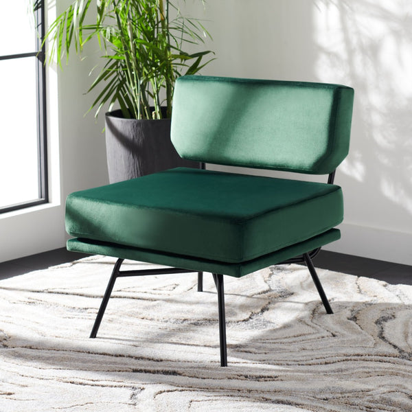 Safavieh Kermit Chic Mid-Century Accent Chair - Plush Seating For Stylish Living Rooms And Cozy Nooks Malachite Green Velvet/Matte Black ACH6210B