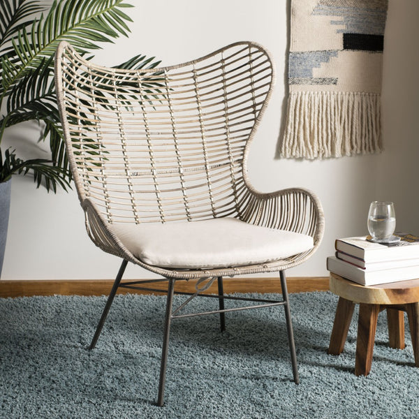 Safavieh Malia Coastal Rattan Wingback Armchair - Elegant White Wash Design With Plush Cushion Comfort ACH6500A