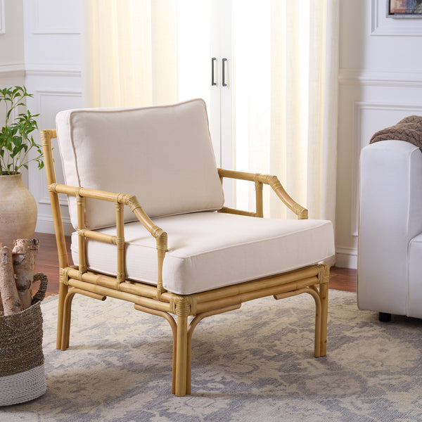 Kazumi Accent Chair With Plush Cushion — Rattan Frame, Transitional Coastal-Boho Style For Living Rooms