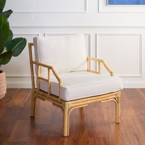 Kazumi Accent Chair With Plush Cushion — Rattan Frame, Transitional Coastal-Boho Style For Living Rooms