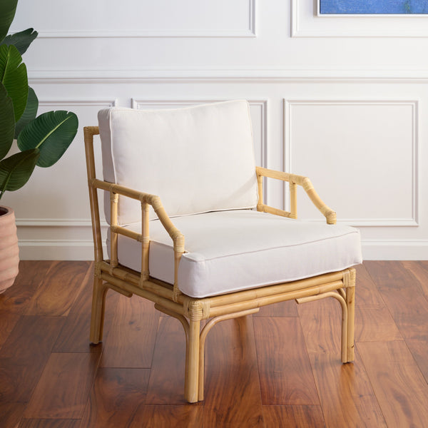 Kazumi Accent Chair With Plush Cushion — Rattan Frame, Transitional Coastal-Boho Style For Living Rooms