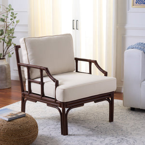 Kazumi Accent Chair With Plush Cushion — Rattan Frame, Transitional Coastal-Boho Style For Living Rooms