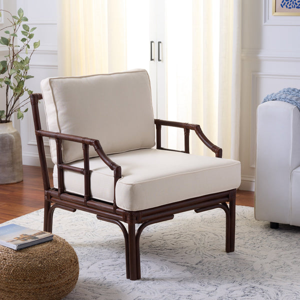 Kazumi Accent Chair With Plush Cushion — Rattan Frame, Transitional Coastal-Boho Style For Living Rooms
