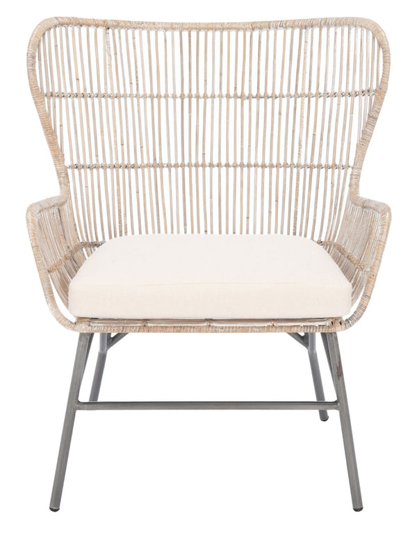 Safavieh Lenu Rattan Accent Chair With Plush Cushion For A Relaxed Coastal Bohemian Living Space Grey White Wash/White/ Black ACH6510A