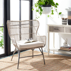 Safavieh Lenu Rattan Accent Chair With Plush Cushion For A Relaxed Coastal Bohemian Living Space Grey White Wash/White/ Black ACH6510A