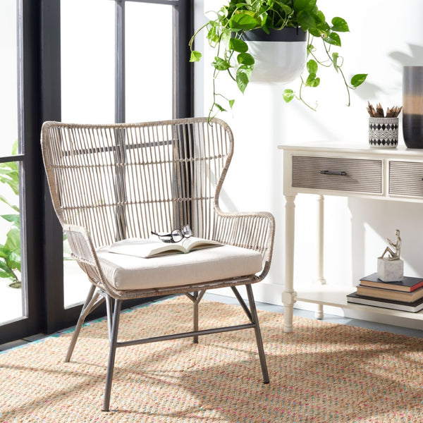 Safavieh Lenu Rattan Accent Chair With Plush Cushion For A Relaxed Coastal Bohemian Living Space Grey White Wash/White/ Black ACH6510A