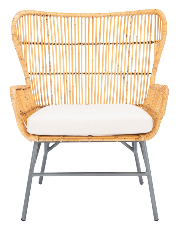 Safavieh Lenu Rattan Accent Chair With Plush Cushion For A Relaxed Coastal Bohemian Living Space Natural/White/ Black ACH6510B