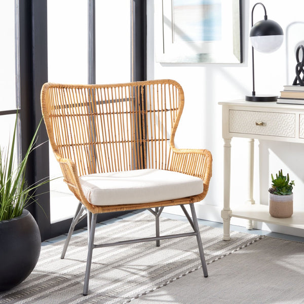 Safavieh Lenu Rattan Accent Chair With Plush Cushion For A Relaxed Coastal Bohemian Living Space Natural/White/ Black ACH6510B