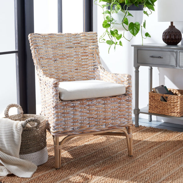 Safavieh Cristen Rattan Accent Chair - Stylish Bohemian Elegance With Plush Cushion For Cozy Living Spaces Natural White Wash/ White ACH6513A