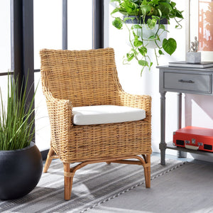 Safavieh Cristen Rattan Accent Chair - Stylish Bohemian Elegance With Plush Cushion For Cozy Living Spaces Natural/White ACH6513B