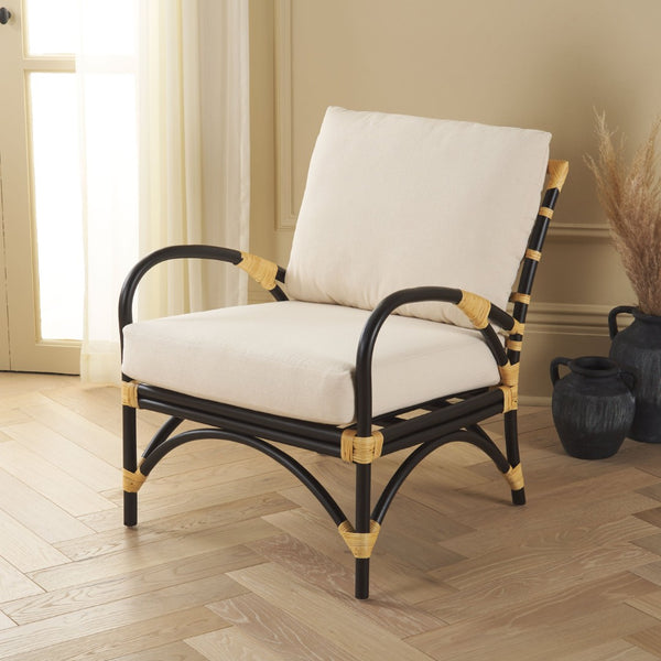 Safavieh Meara Accent Chair With Cushions - Stylish Rattan Frame, Modern Black Finish, Cozy & Versatile Design ACH6523A