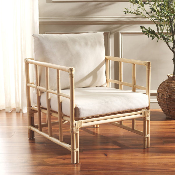 Safavieh Aisling Rattan Accent Chair With Plush Cushion - Elegant White Upholstery For Cozy Living Spaces ACH6530A