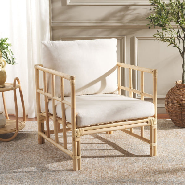 Safavieh Aisling Rattan Accent Chair With Plush Cushion - Elegant White Upholstery For Cozy Living Spaces ACH6530A