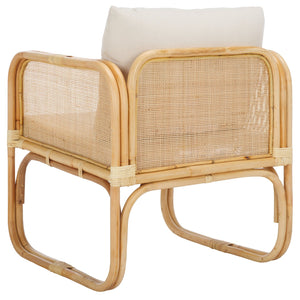 Safavieh Alybeth Elegant Accent Chair With Cushion In White/Natural Rattan - Stylish Square Design For Any Space White ,Natural Rattan,Fabric Ach6531a