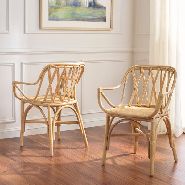 Serafima Rattan Arm Chair Set Of 2 With Hand-Woven Texture, Ergonomic Curved Back, Coastal Style Accent Seat