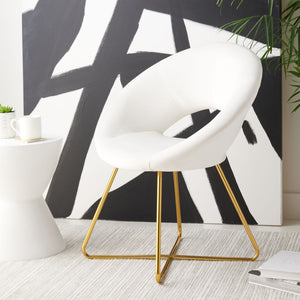 Safavieh Aliena Glamorous Mid-Century Accent Chair In Plush Ivory Velvet With Gold Geometric Legs, Chic Design ACH7501A