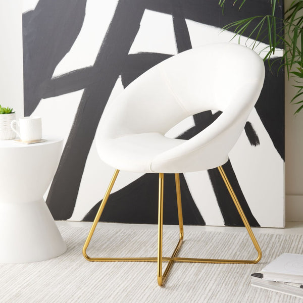 Safavieh Aliena Glamorous Mid-Century Accent Chair In Plush Ivory Velvet With Gold Geometric Legs, Chic Design ACH7501A