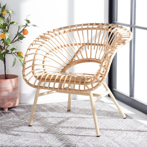 Safavieh Savino Rattan Accent Chair - Modern Papasan Design With Plush Cream Cushion For Cozy Living Spaces ACH9901A