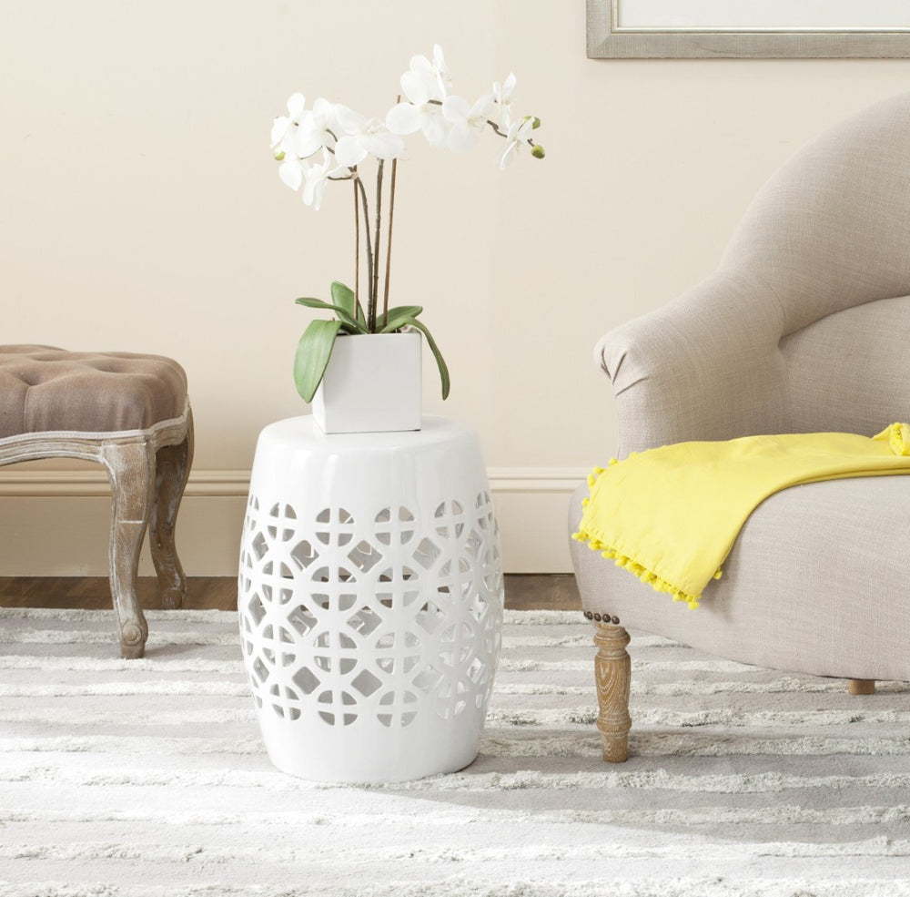 Safavieh CIRCLE Lattice Garden Stool - Elegant Ceramic Accent for Indoor or Outdoor Spaces, 13.5" x 17" White ACS4508A
