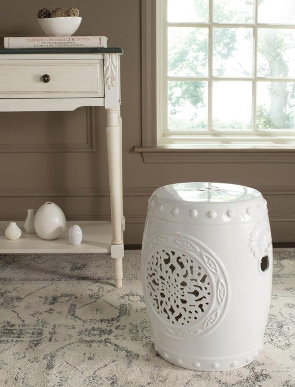 Safavieh FLOWER Drum Garden Stool - Elegant Glazed Ceramic Accent for Versatile Indoor and Outdoor Use Antique White ACS4532A