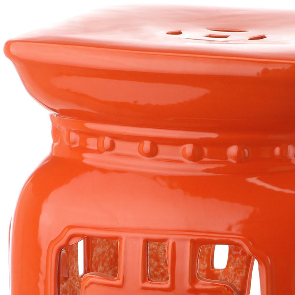 Safavieh BEIJING Filigree Garden Stool - Elegant Glazed Ceramic Accent for Indoor or Outdoor Spaces Orange ACS4538D