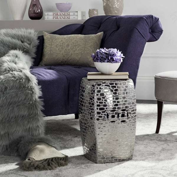 Safavieh JASMINE Garden Stool in Glazed Ceramic - Elegant Accent for Home, Outdoor, or Modern Decor Use Silver ACS4544B