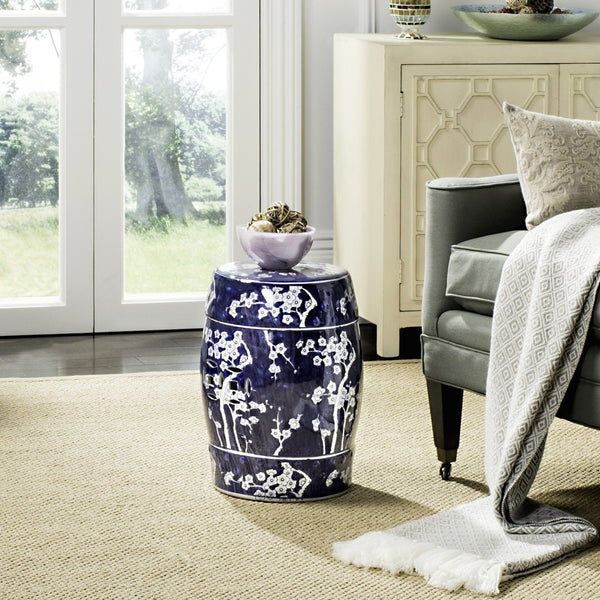 Safavieh MIDNIGHT Garden Stool - Elegant Dark Blue Ceramic with Hand-Painted Plum Blossom Motif Accent ACS4556A
