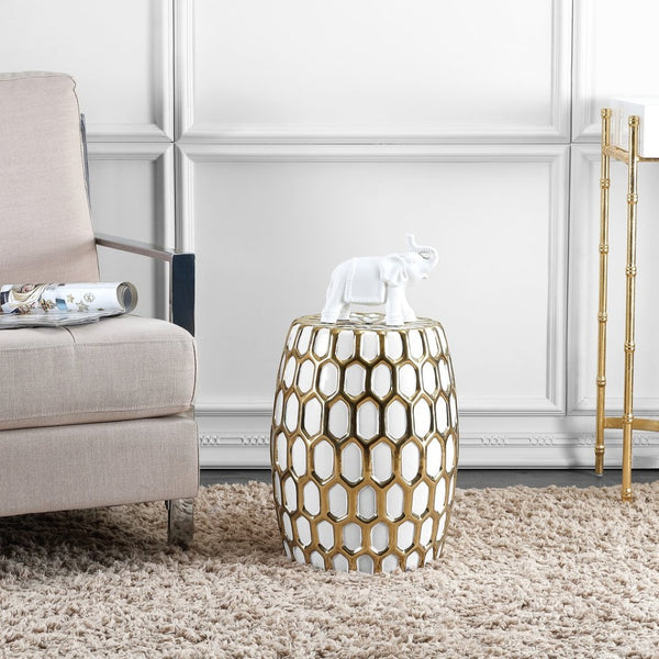 Safavieh LAILI Sculptural Ceramic Garden Stool with Gold Accents - Versatile Side Table for Indoor & Outdoor Use ACS4587A