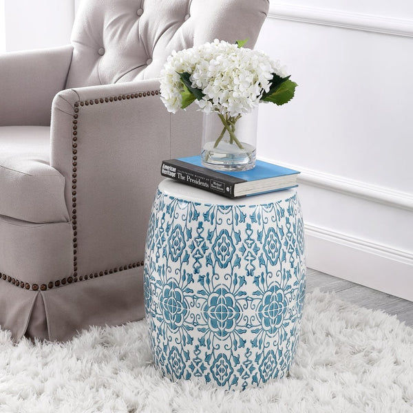 Safavieh SEBRYNA, Elegant 17.91-Inch Blue/White Ceramic Garden Stool - Versatile Accent for Home & Patio ACS4592B