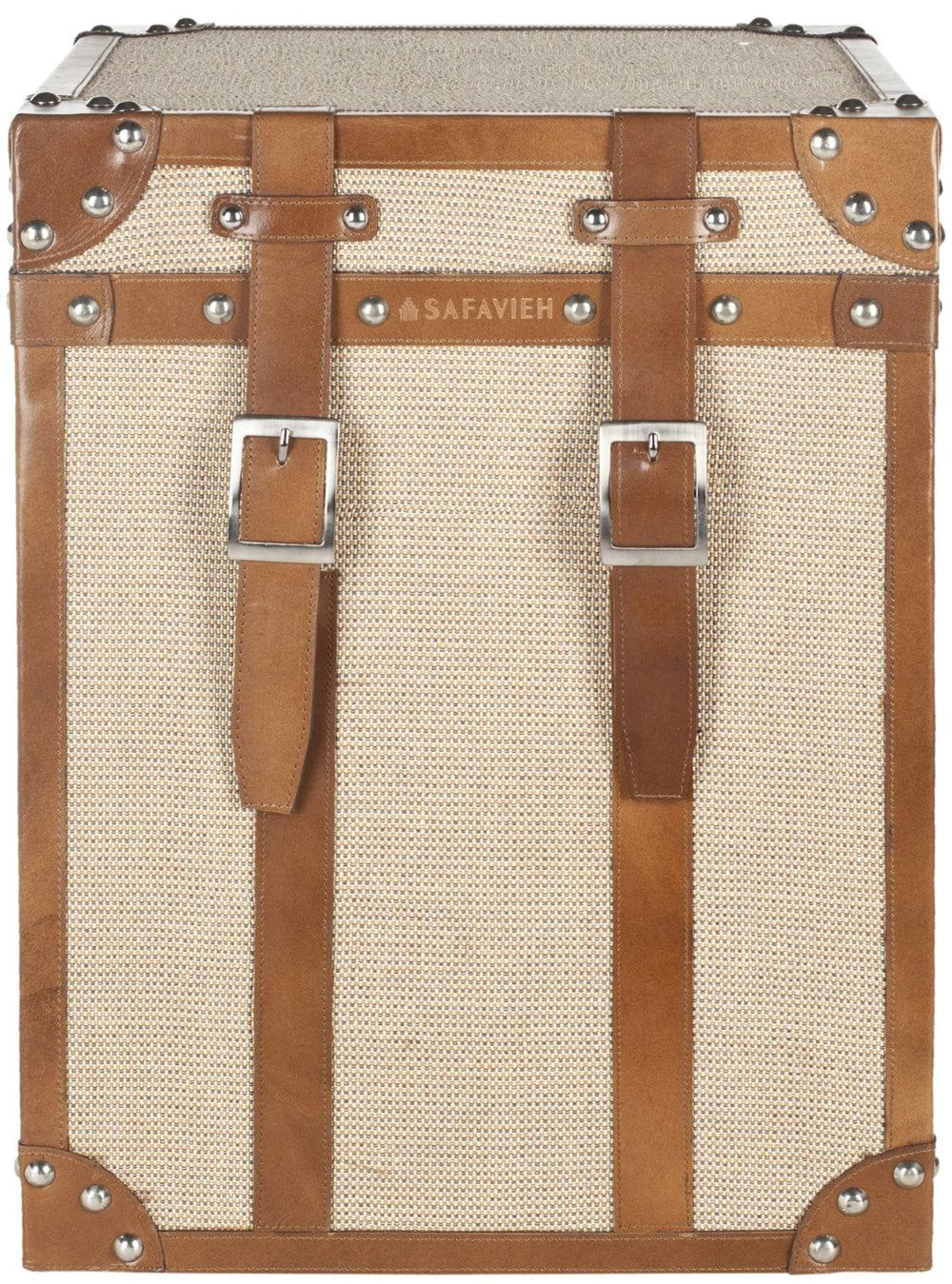 Safavieh Grand Tour Side Table - Vintage Steamer-Trunk Style With Rustic Burlap, Leather Trim & Brass Accents ACS6502A