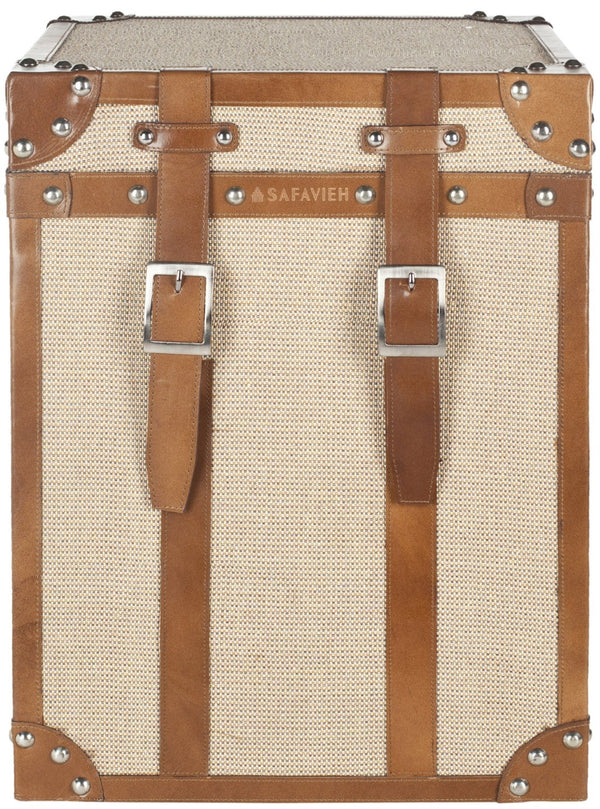 Safavieh Grand Tour Side Table - Vintage Steamer-Trunk Style With Rustic Burlap, Leather Trim & Brass Accents ACS6502A