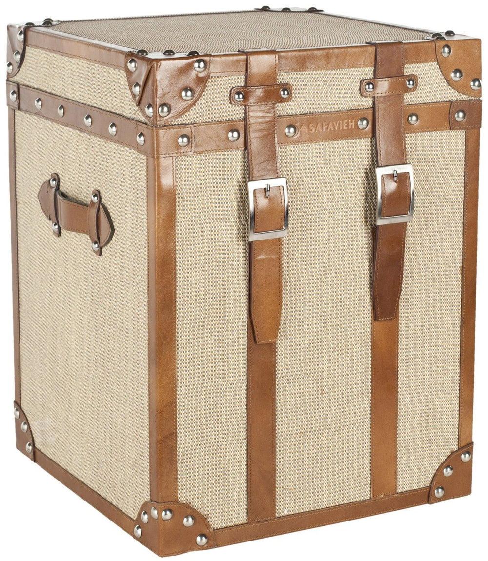 Safavieh Grand Tour Side Table - Vintage Steamer-Trunk Style With Rustic Burlap, Leather Trim & Brass Accents ACS6502A
