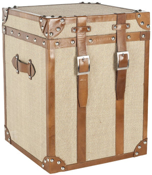 Safavieh Grand Tour Side Table - Vintage Steamer-Trunk Style With Rustic Burlap, Leather Trim & Brass Accents ACS6502A