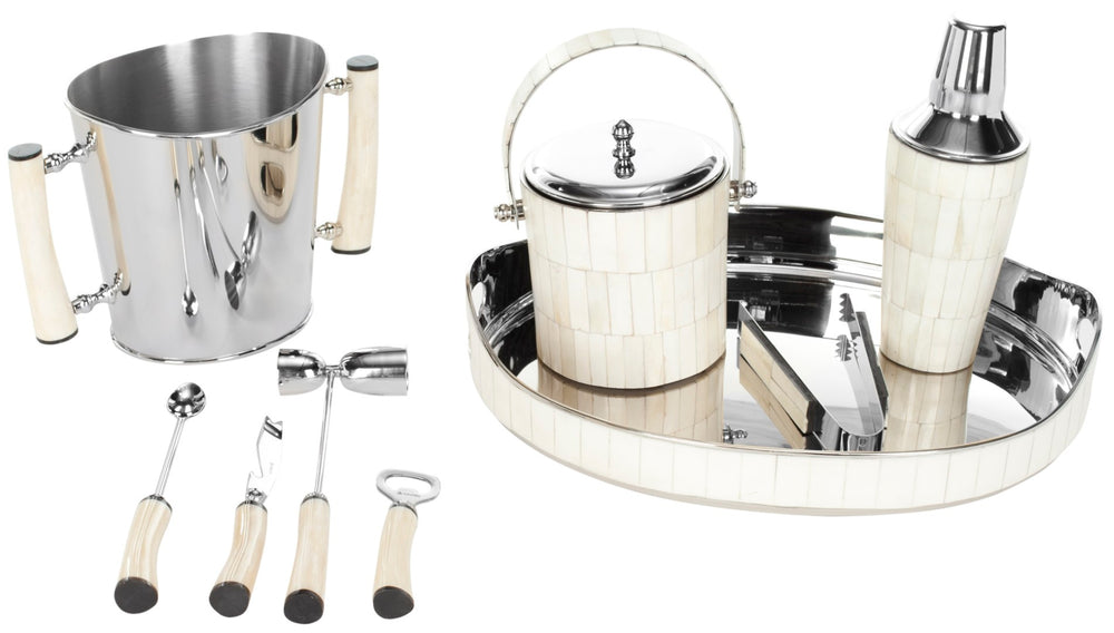 Safavieh Bone Bartender Set - Elegant Nine-Piece Cocktail Collection With White Bone, Steel & Brass Accents ACS8500D