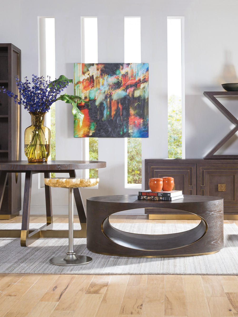 Lexington Artistica Home Verbatim Vintage Modern Oval Cocktail Table With White Oak Veneers And Antiqued Brass Accents Dark Brown Wood 2170-949