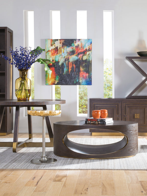 Lexington Artistica Home Verbatim Vintage Modern Oval Cocktail Table With White Oak Veneers And Antiqued Brass Accents Dark Brown Wood 2170-949