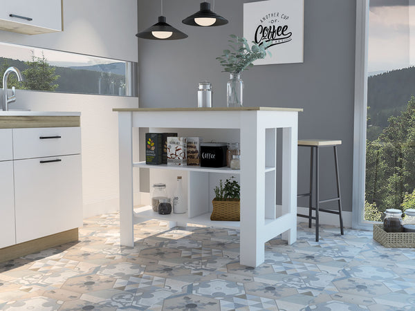 English Elm Cala Kitchen island with wide prep top, stool-friendly legroom and three open shelves for storage and organization Multicolor 45.3 L x 32.7 W x 5.1 H B20092014