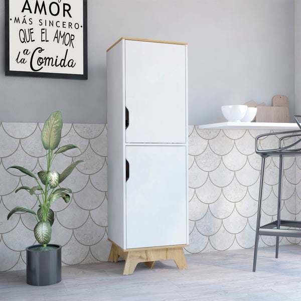 English Elm Pamplona Microwave Tall Cabinet with Countertop, Light Oak & White Double-Door Storage, 4 Shelves B20092108
