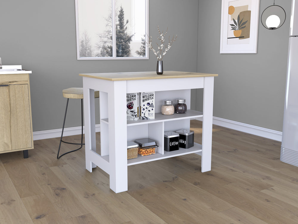 English Elm Kitchen Island - Compact 35" Tall Table With Antimicrobial Top, 3 Shelves & White/Light Oak Finish B097132889