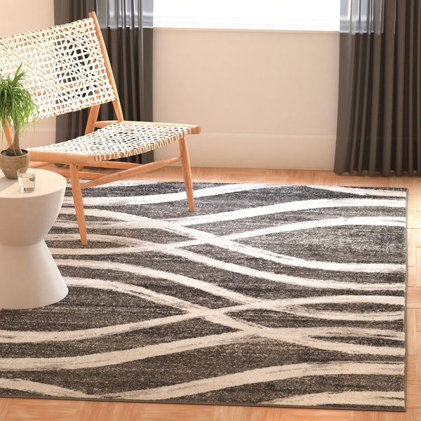 Safavieh Adirondack Charcoal Ivory Abstract Rug — Low 3/8" Pile, Power-Loomed Turkey, Durable Stylish Focal Point 6'-0" x 8'-0" ADR125R-68